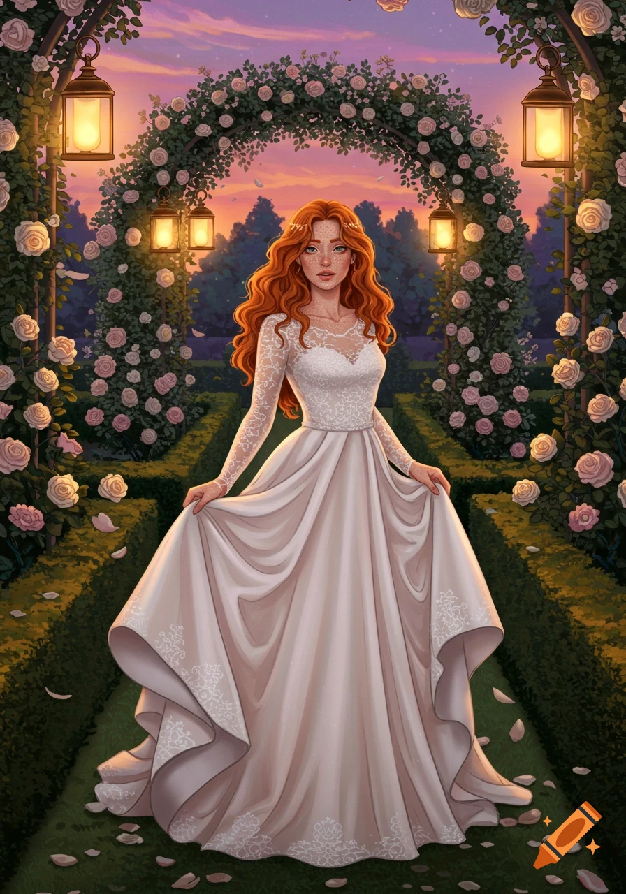 A red-haired woman in a white wedding dress stands in a rose garden archway at sunset.