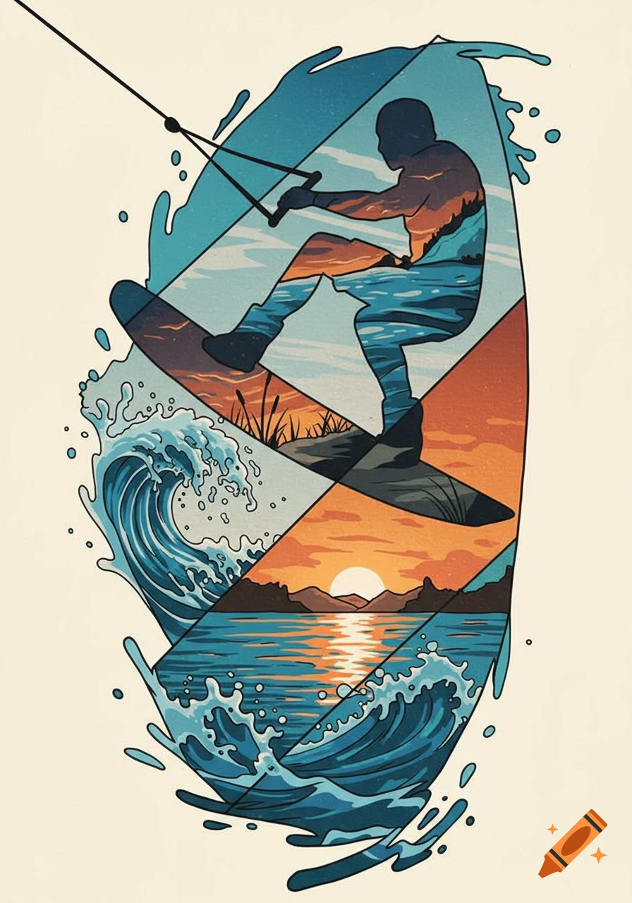 A stylized illustration of a wakeboarder composed of segmented nature scenes featuring waves, mountains, and a sunset, on a light background.