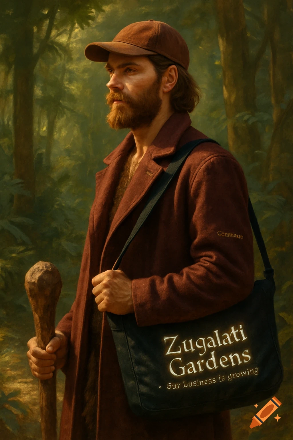A bearded man in a brown cap and maroon coat holds a club and a sling bag in a forest, painted in a realistic style.