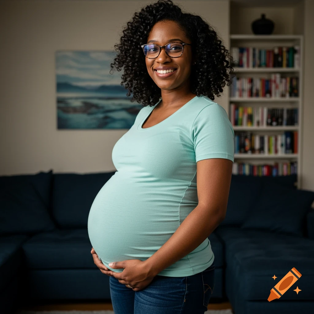 A smiling African-American pregnant woman wearing glasses and a light blue shirt, holding her belly in a living room.