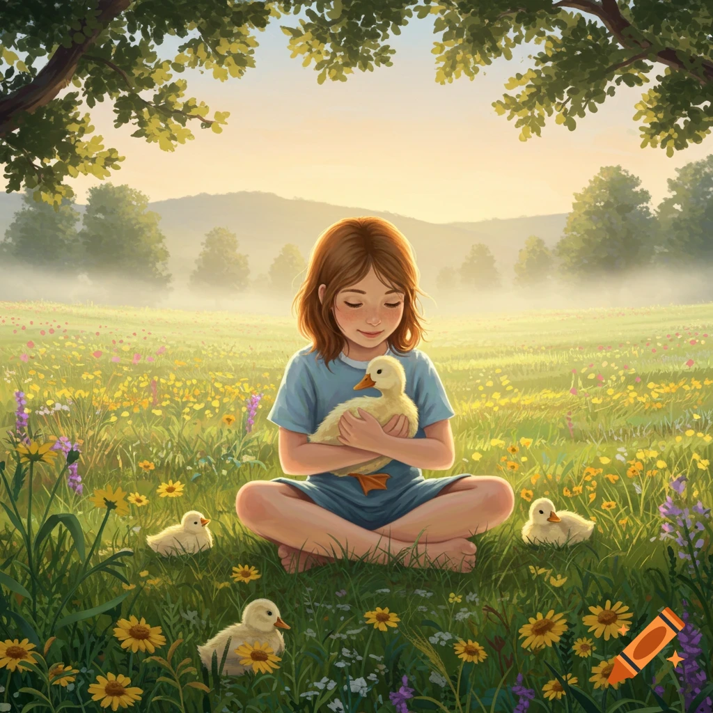 A young girl sits cross-legged in a field of wildflowers, gently holding a duckling while three others waddle nearby. The scene is bright and illustrative.