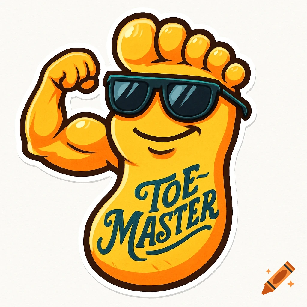 A yellow cartoon foot character with sunglasses, a smirk, and a flexing bicep, with "TOE-MASTER" written on it, presented as a sticker on a white background.