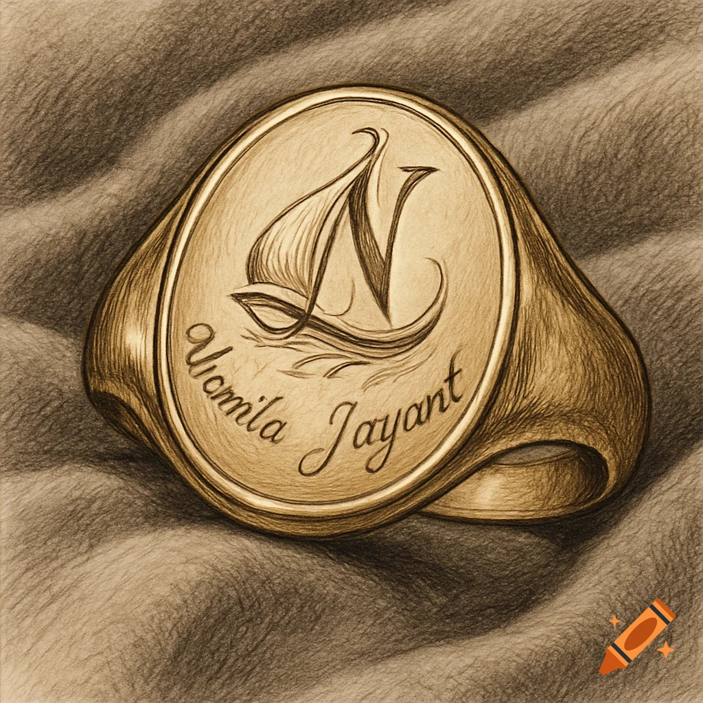 Sepia-toned drawing of a gold oval signet ring with a boat-shaped N and the names Urmila Jayant inscribed.
