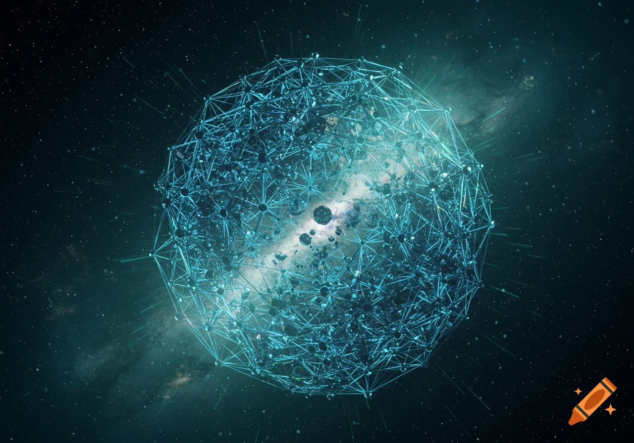 An intricate, glowing blue-green geometric wireframe sphere floats in dark space, surrounded by stars and a nebula.