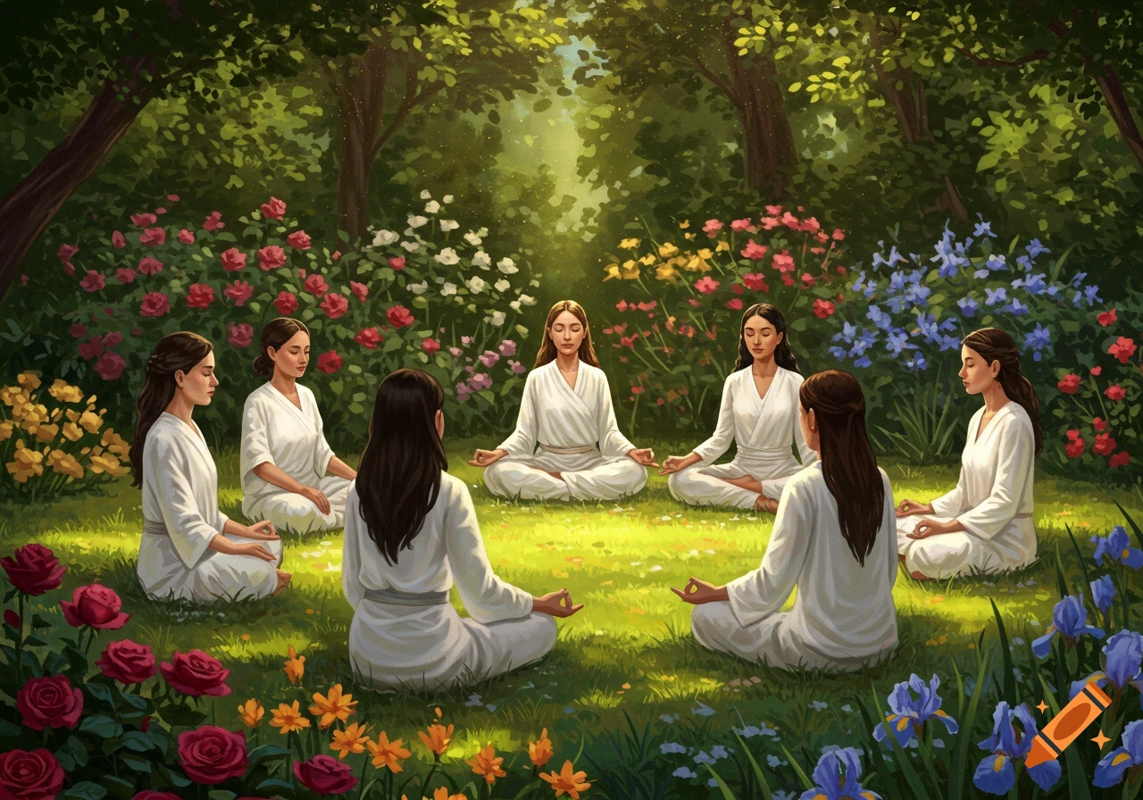 Seven women in white robes meditate in a circle in a lush garden filled with colorful flowers.