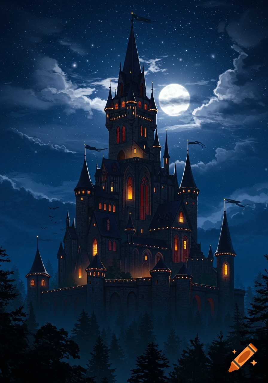 A towering dark gothic castle with glowing windows under a full moon and starry night sky, surrounded by pine trees.