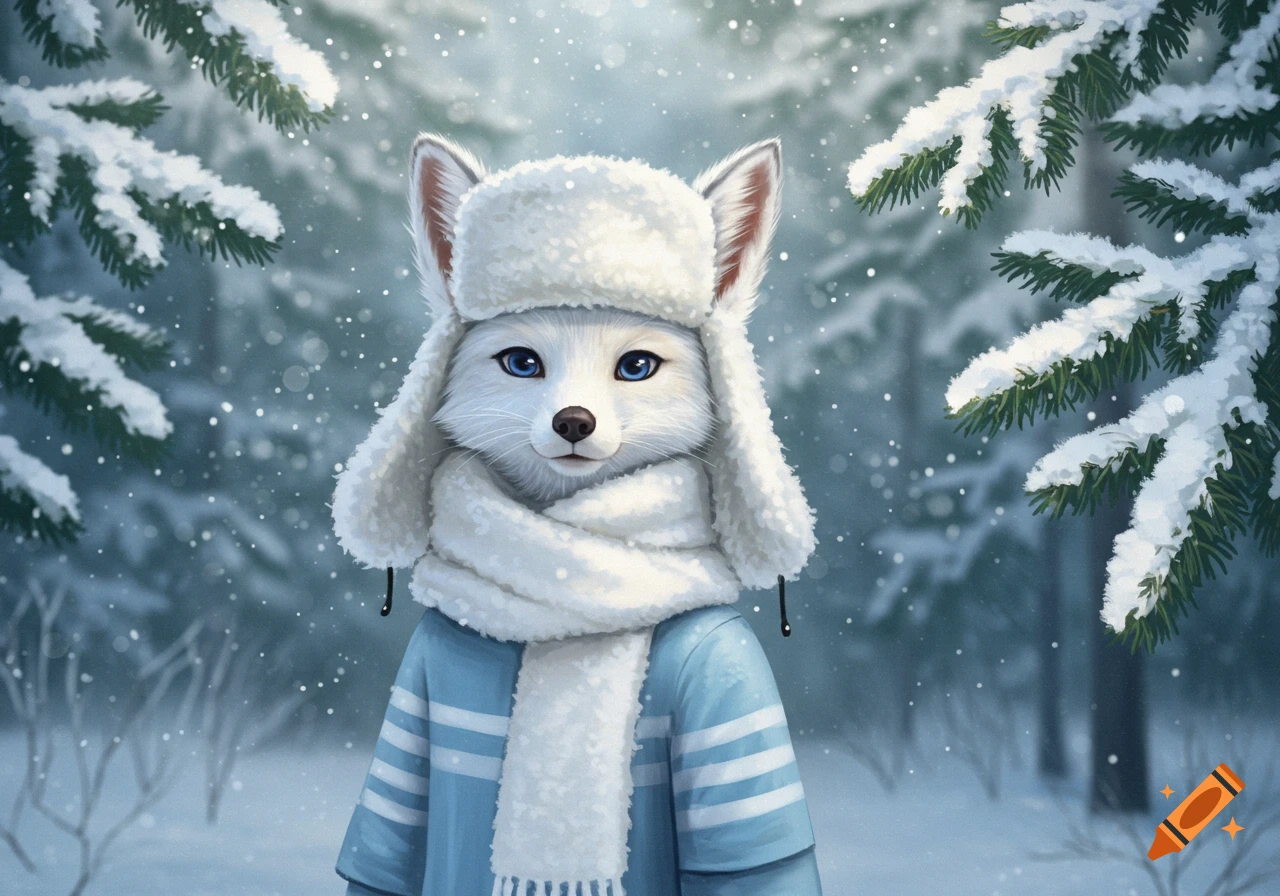 A white furry fox wearing a white ushanka and scarf, and a blue and white striped shirt, stands in a snowy forest.