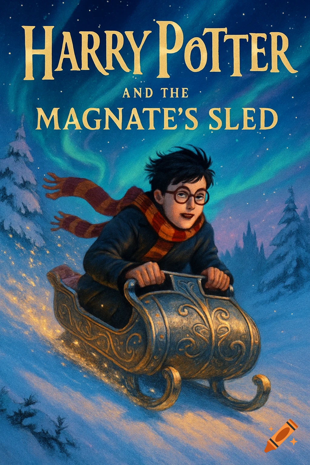 An illustration resembling a book cover shows Harry Potter on a golden sled, speeding down a snowy hill under a starry sky with aurora borealis.