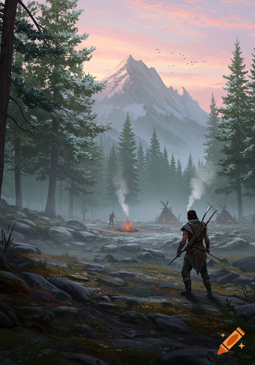 A digital painting of two figures in a misty, rocky pine forest at sunset, with campfires and shelters, beneath a snow-capped mountain.