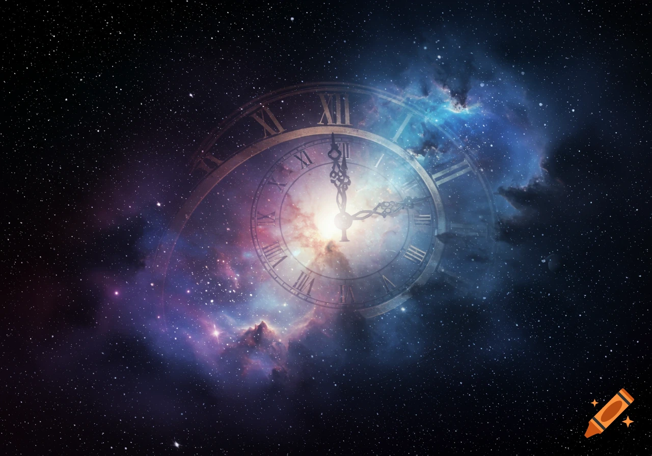 A large clock face with Roman numerals is set against a vibrant background of stars and colorful nebulae in deep space.