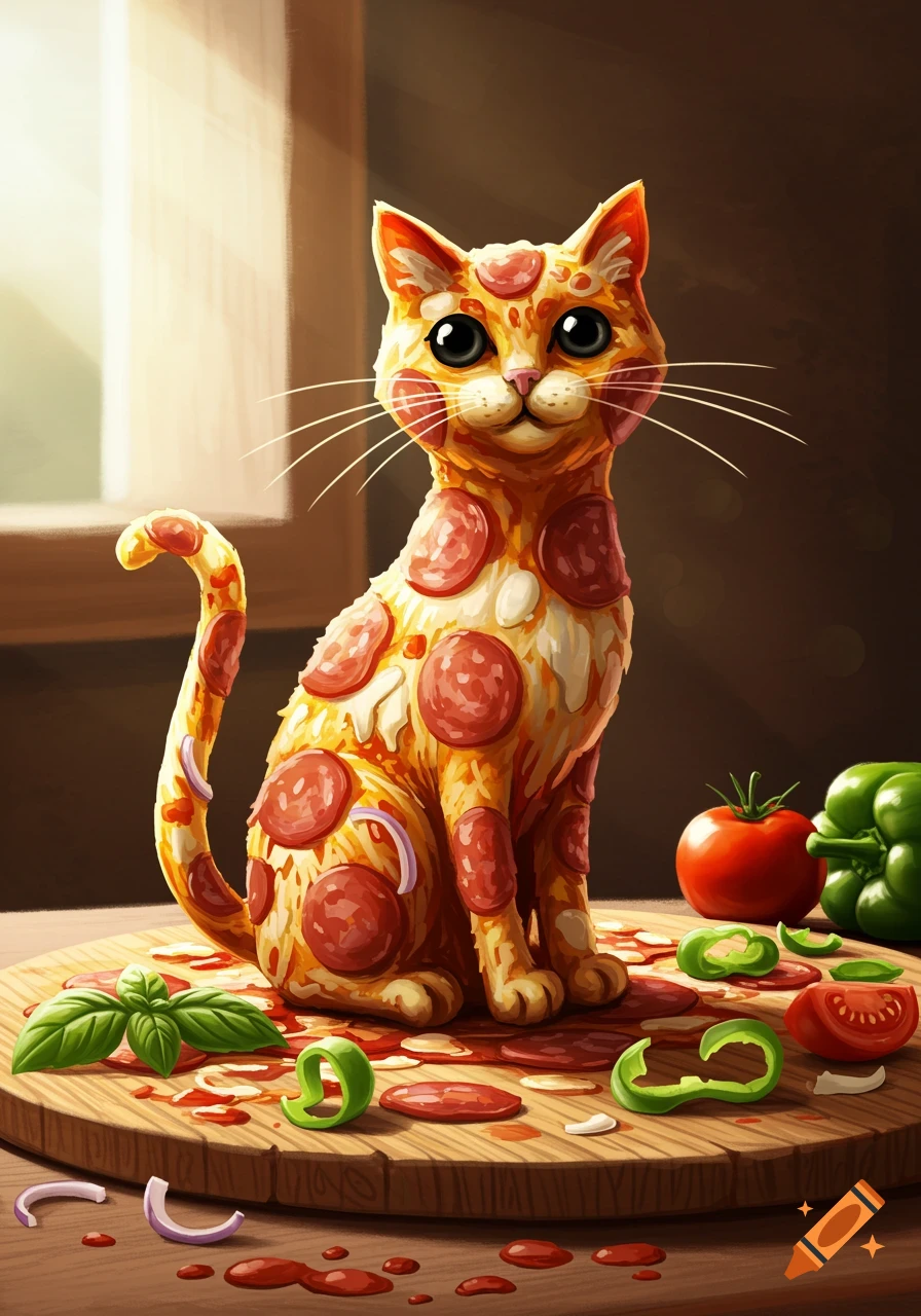 A vibrant illustration of a cat made of pizza ingredients, sitting on a cutting board with scattered toppings.