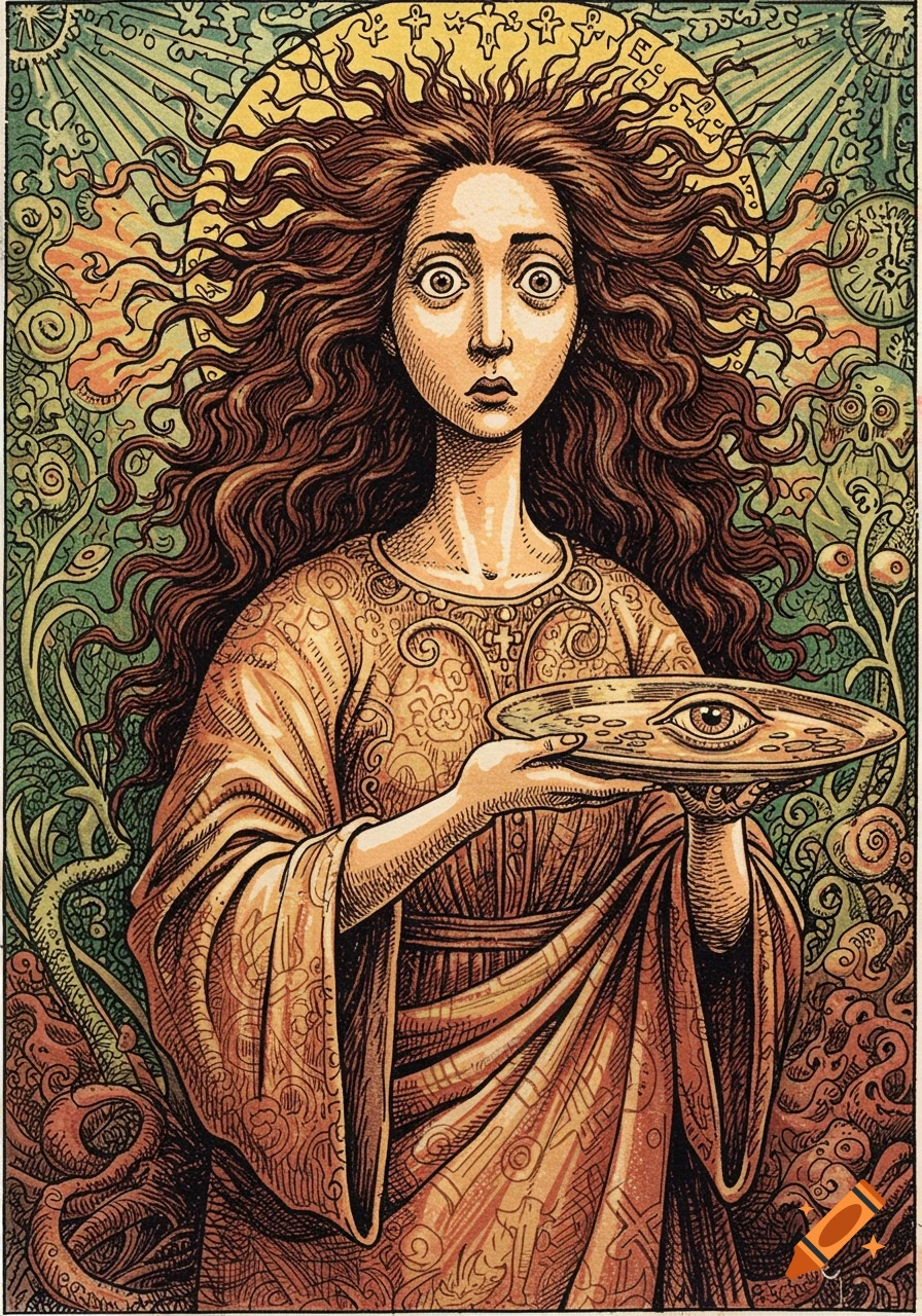 Stylized illustration of St. Lucy with a halo, wide eyes, and long hair, holding an eye on a plate, in a detailed R. Crumb style.