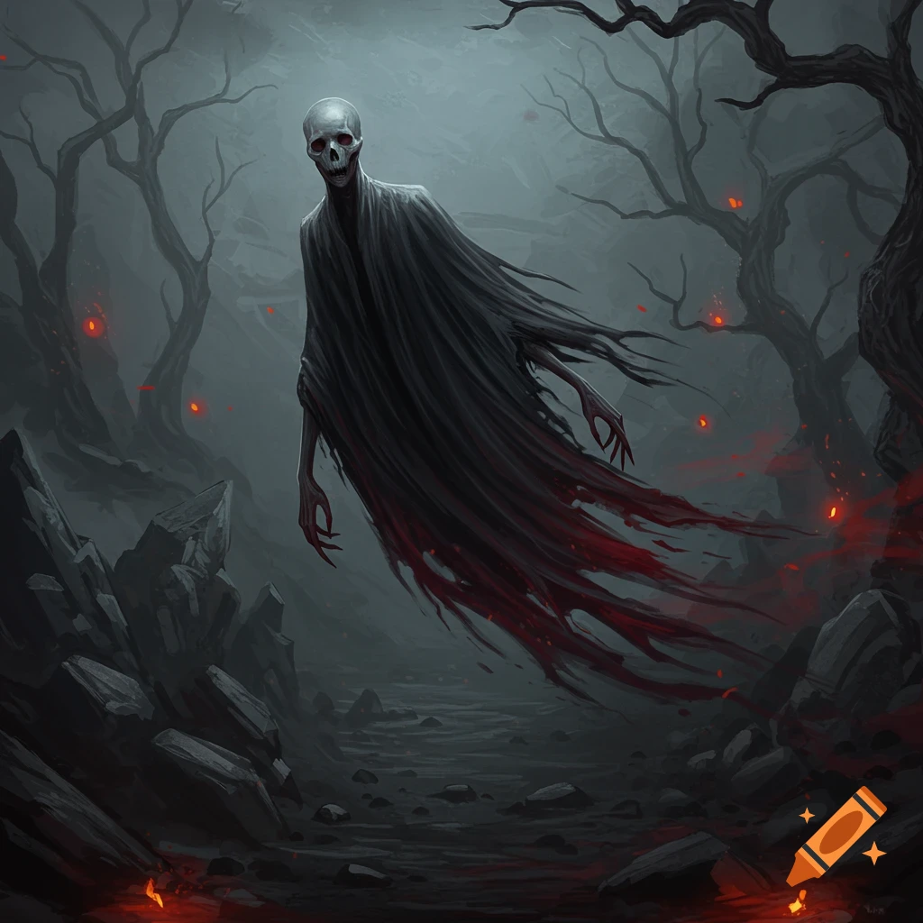 A skeletal, ghost-like creature with red eyes floats in a dark, misty, gnarled forest with glowing red embers.