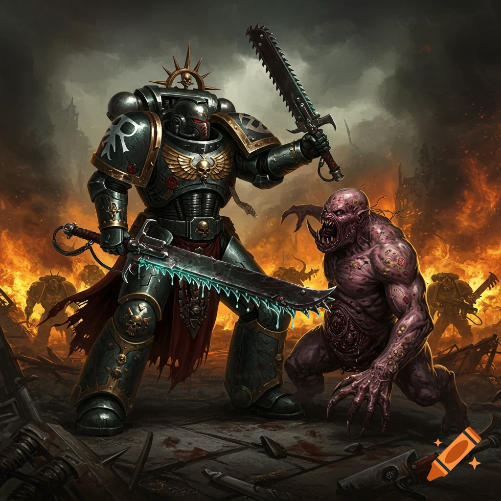 A heavily armored space marine with a large chainsword battles a monstrous, fleshy, diseased creature amidst a fiery, war-torn landscape.