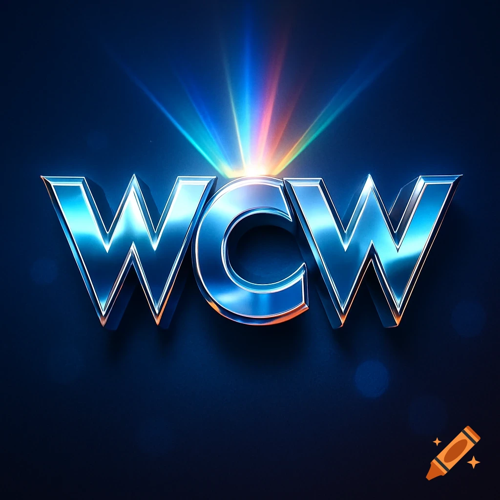 A chrome 3D logo for WCW (World Championship Wrestling) with a colorful light burst from above.