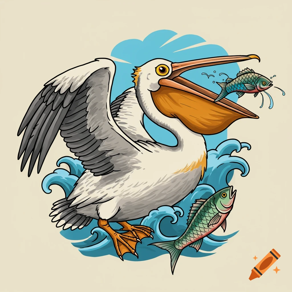 A colorful illustration in traditional tattoo style depicts a pelican with an open beak, holding a fish, with blue waves around its feet and another fish below.