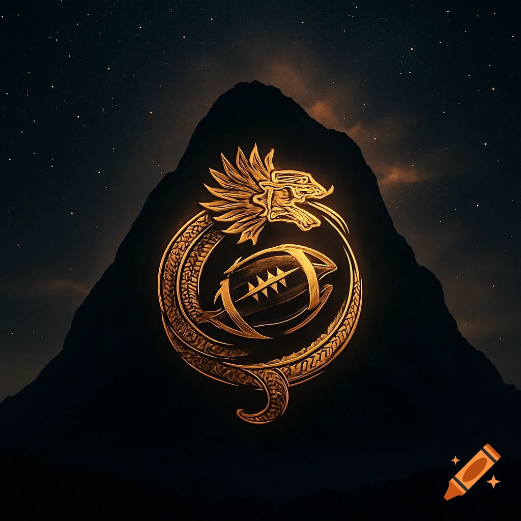 Golden Quetzalcoatl dragon wrapped around a football in front of a dark mountain with a starry sky, digital art.