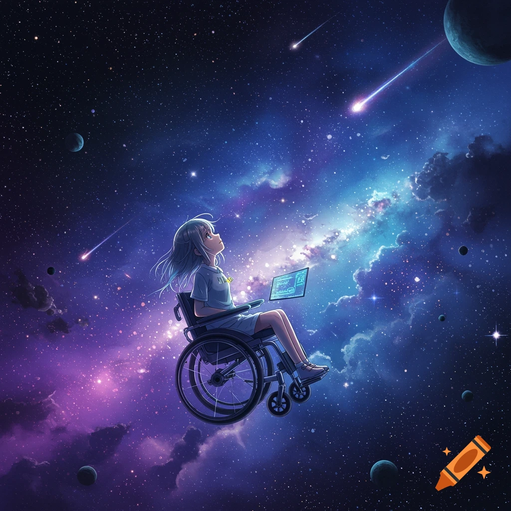 An anime girl in a wheelchair floats in deep space, looking up at shooting stars and glowing nebulae, with a laptop on her lap.
