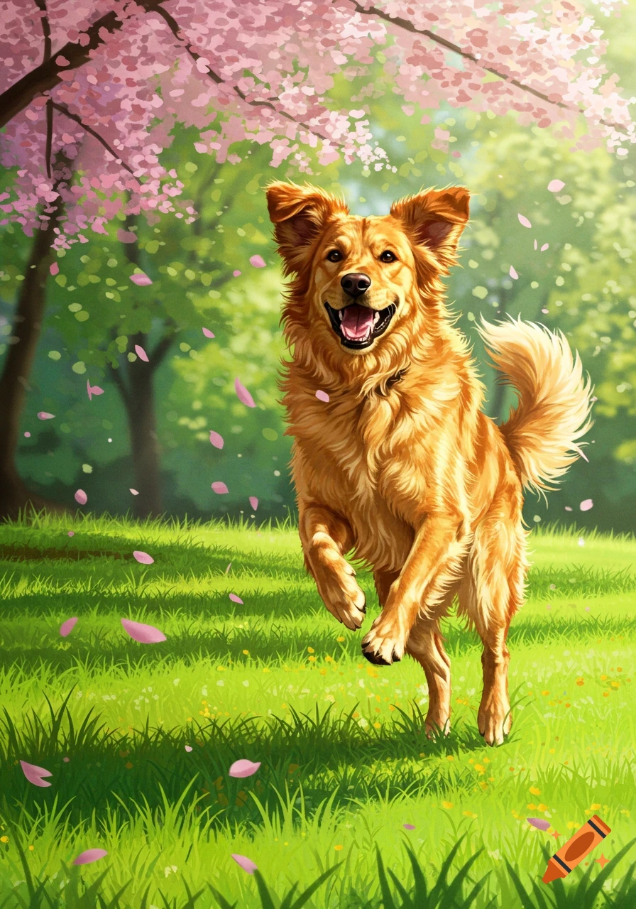 A happy golden retriever dog runs through a grassy park with pink cherry blossoms falling around it, in a vibrant illustrative style.