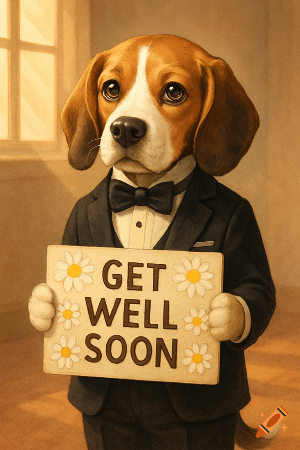 A cute beagle dog wearing a black tuxedo and bow tie holds a sign that says 'GET WELL SOON' with daisies.