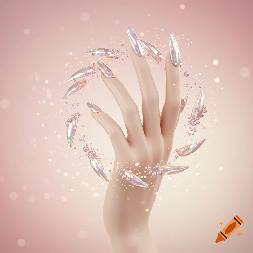 A stylized hand with long, iridescent pointed nails, surrounded by floating nails, bubbles, and sparkles on a pink background.