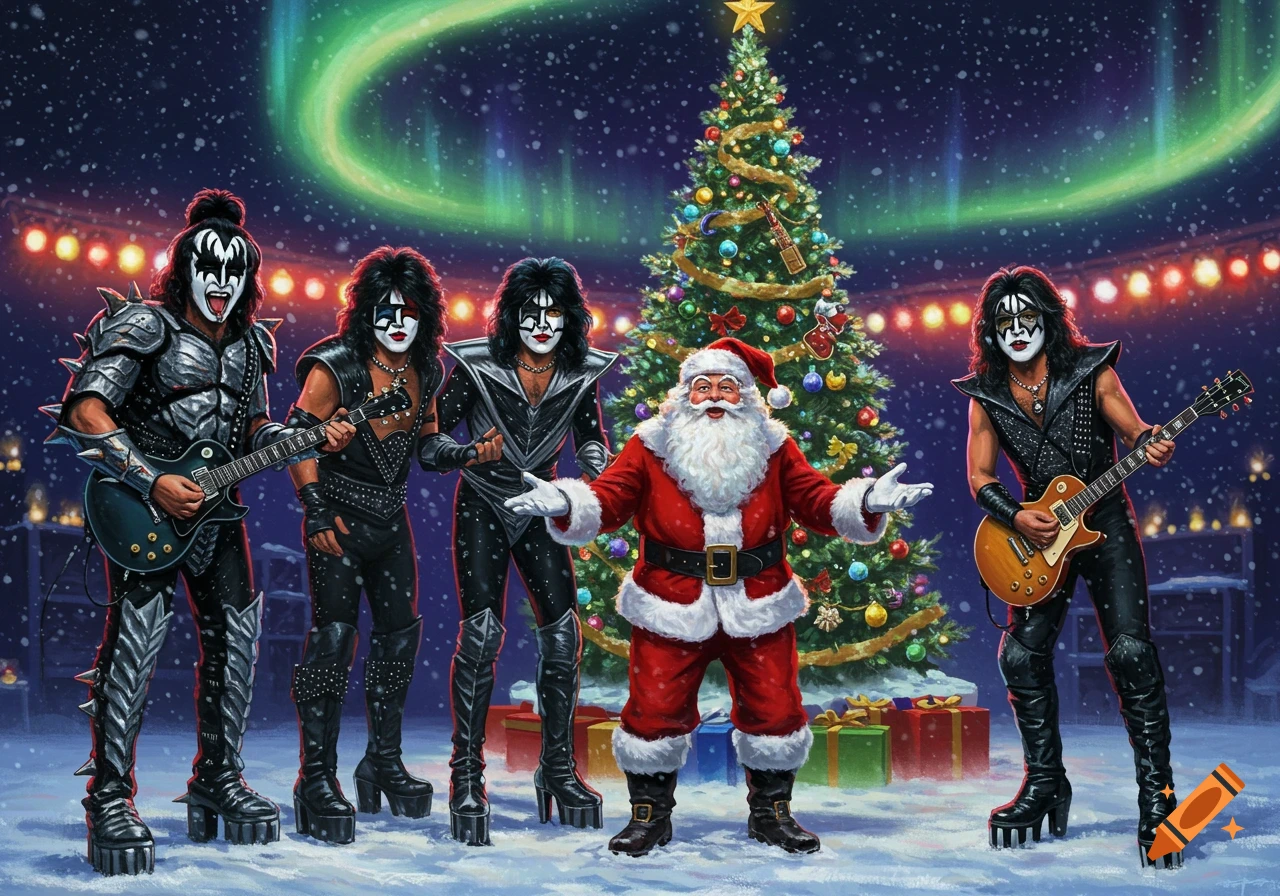 An illustrated scene of the rock band KISS and Santa Claus standing in a snowy landscape with a decorated Christmas tree and aurora borealis.