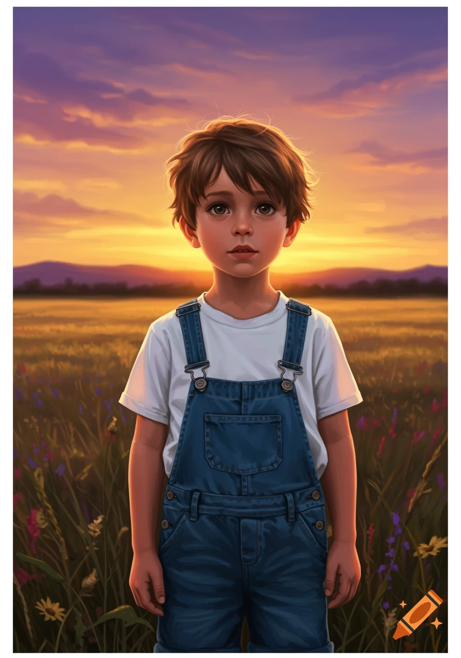 A young boy in blue overalls and a white shirt stands in a field of wildflowers against a vibrant sunset, in a digital art style.