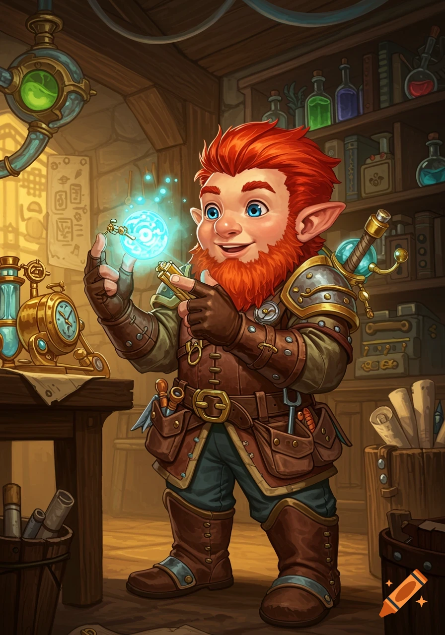 A smiling, red-bearded gnome artificer in a workshop holds a glowing magical orb and a tool, surrounded by steampunk-like inventions.