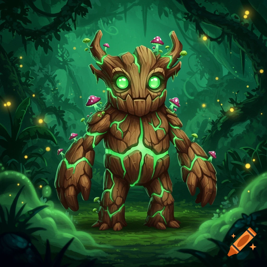 A cute, stylized wooden creature with glowing green cracks and pink mushrooms stands in a dark green forest, illuminated by fireflies.