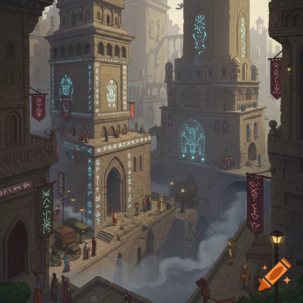 Fantasy cityscape with massive stone towers featuring glowing arcane runes and layered streets, with small figures and a light mist.