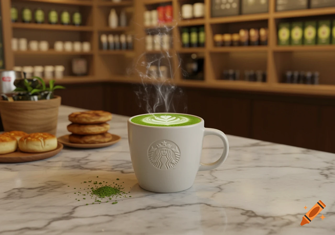 A steaming cup of green matcha latte with latte art sits on a marble counter in a coffee shop, with pastries and shelves blurred in the background.