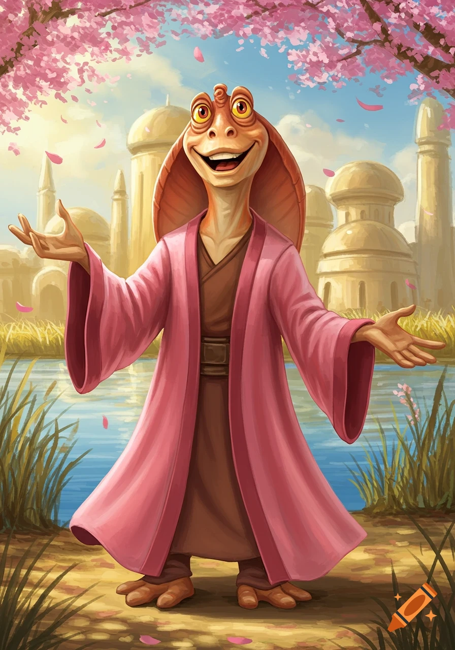 Jar Jar Binks in a pink robe standing by a river with cherry blossoms and a desert city in the background, digital art.