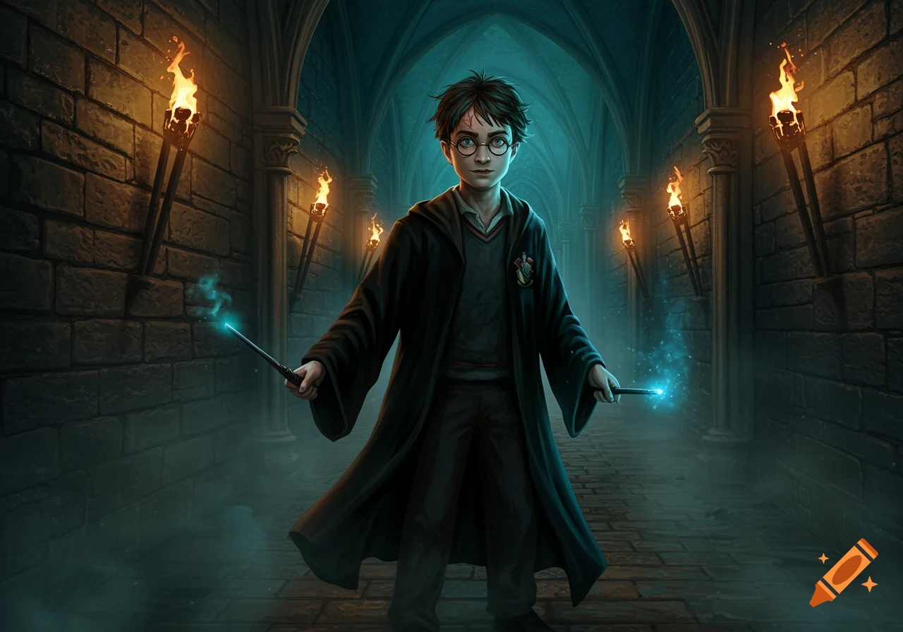 A young boy resembling Harry Potter stands in a dark stone corridor lit by torches, holding two glowing wands.