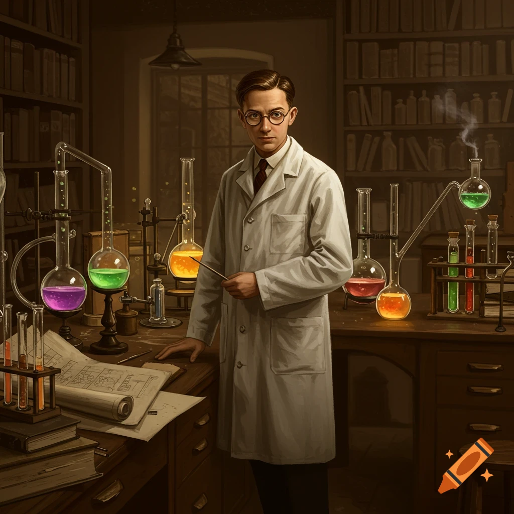 A male scientist in a lab coat and glasses stands in a vintage laboratory filled with colorful beakers, flasks, and books.
