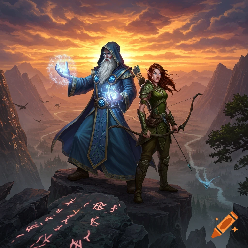 A wizard and an archer stand on a rocky mountain peak overlooking a valley at sunset, with magical runes glowing on the rocks.