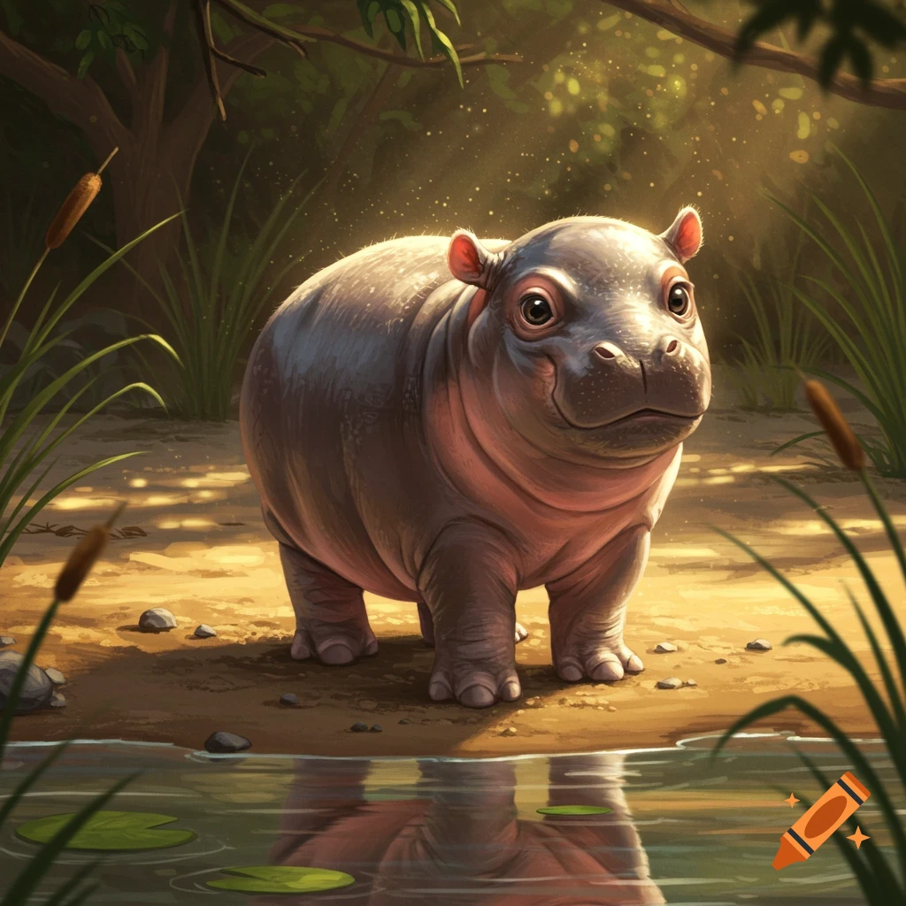 A cute baby hippo with a slight head tilt stands on a sunlit dirt bank near water, surrounded by green plants and trees.