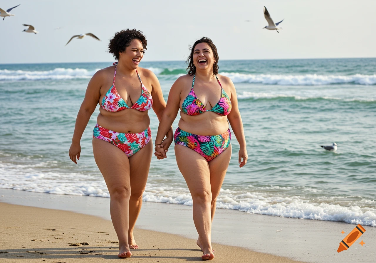 Two happy women in colorful bikinis laugh while walking barefoot, holding hands on a sunny beach with seagulls flying.