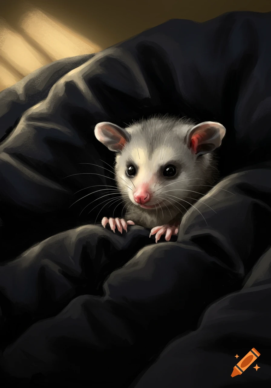 A fluffy baby possum with a white face and pink nose peeks out from a dark black comforter.