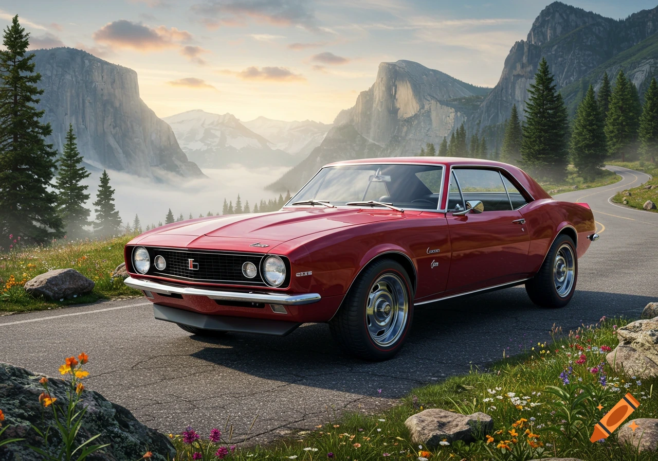 A red 1967 Chevy Camaro parked on a winding mountain road with towering peaks and misty valleys in the background at sunset.