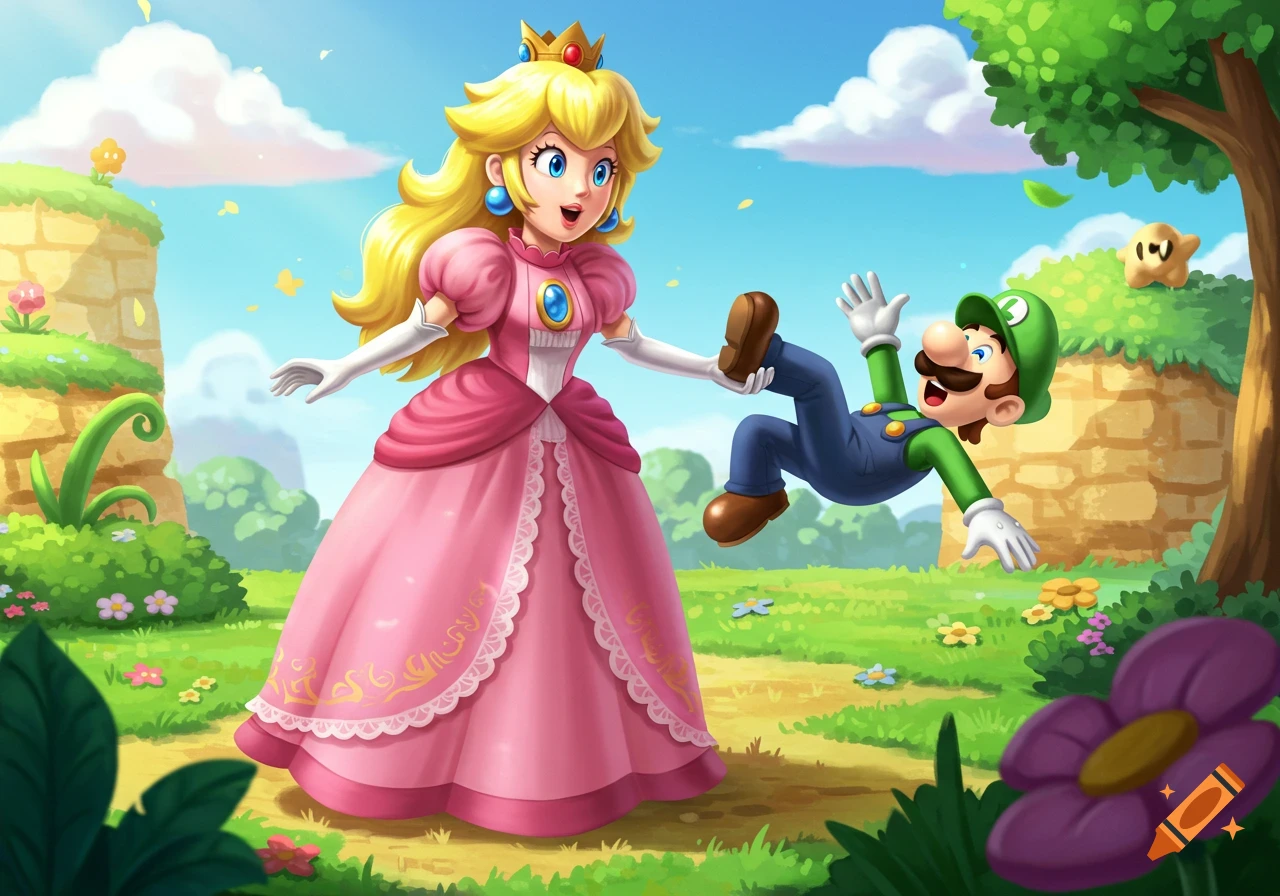 Princess Peach catches a falling Luigi in a bright, colorful Super Mario world setting.