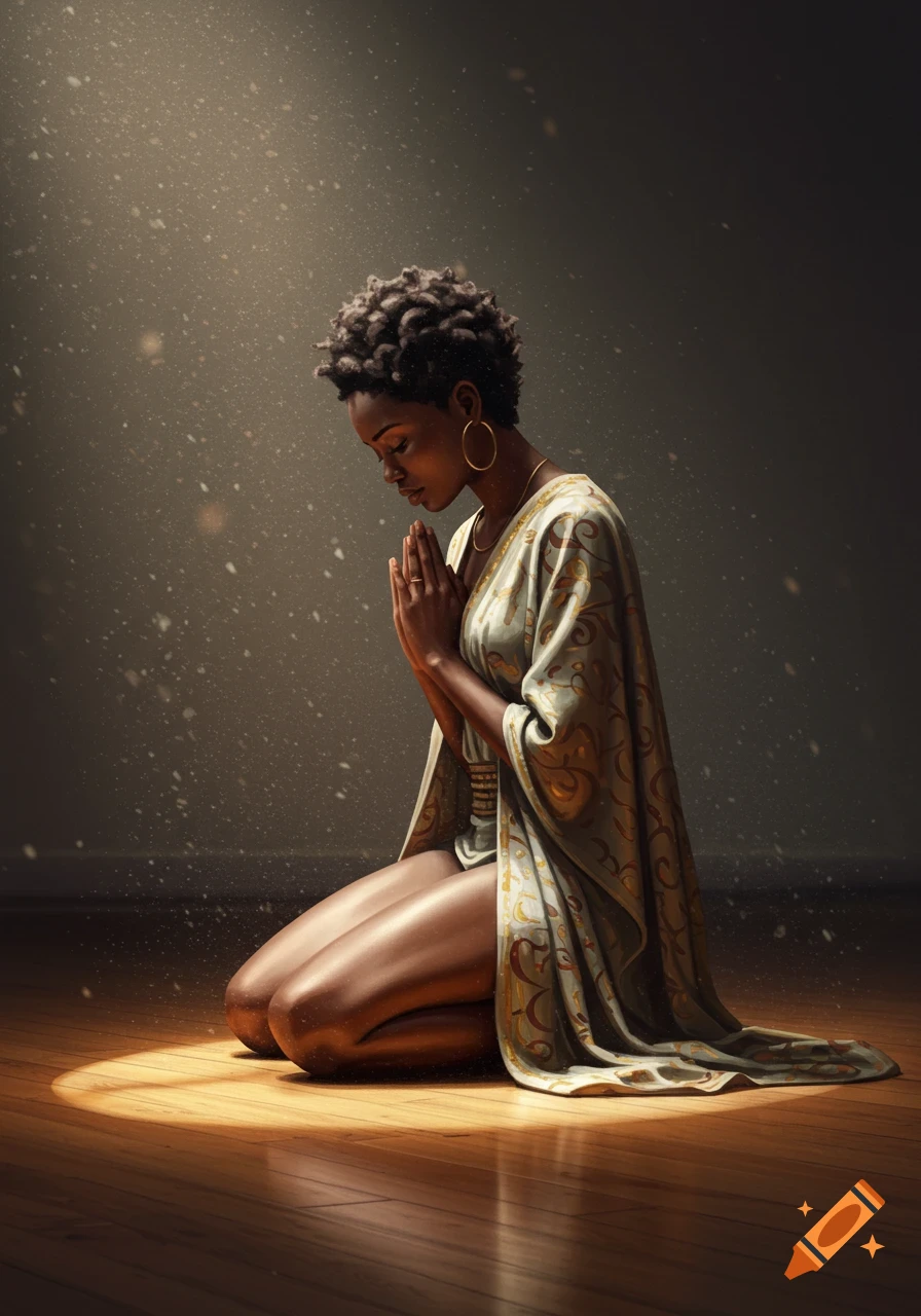A bi-racial woman with short curly hair kneels on a wooden floor in a spotlight, hands pressed together in prayer, wearing a patterned robe.