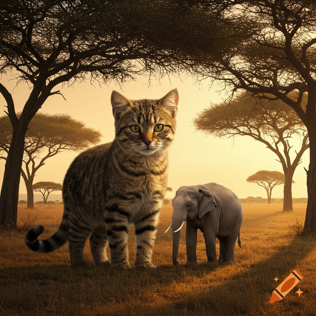 A large tabby cat stands next to a small elephant in a sunlit savanna with acacia trees.