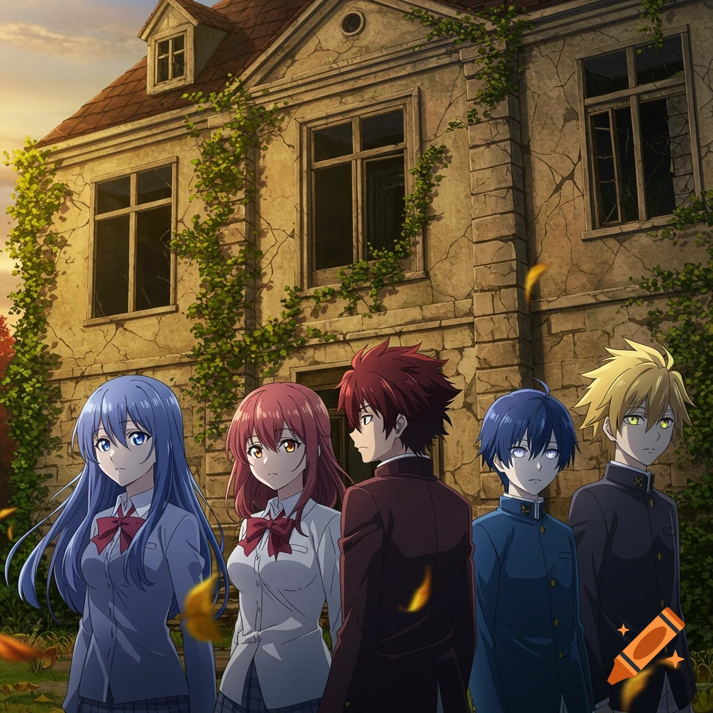Five anime high schoolers with varied hair and eye colors stand outside an old, vine-covered abandoned building during sunset.