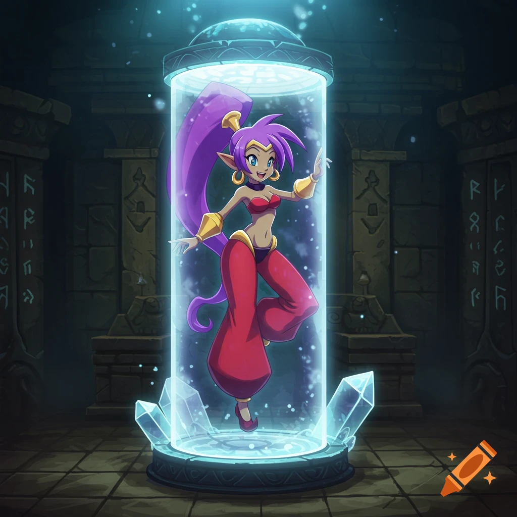An anime-style genie with purple hair and red clothes, Shantae, is frozen in a glowing blue stasis tube within a stone dungeon.