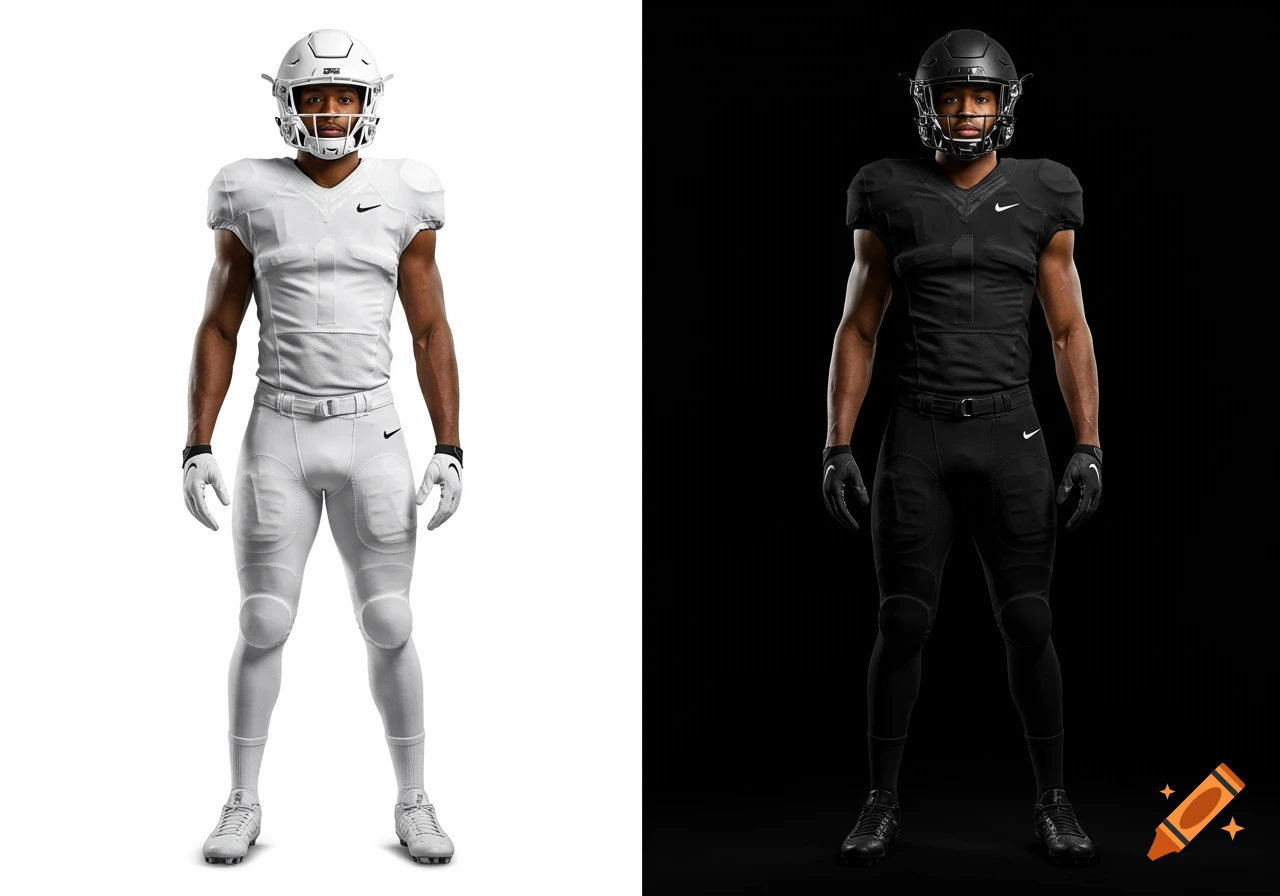 Two photorealistic American football players stand facing forward, one in all-white uniform on a white background, the other in all-black uniform on a black background.