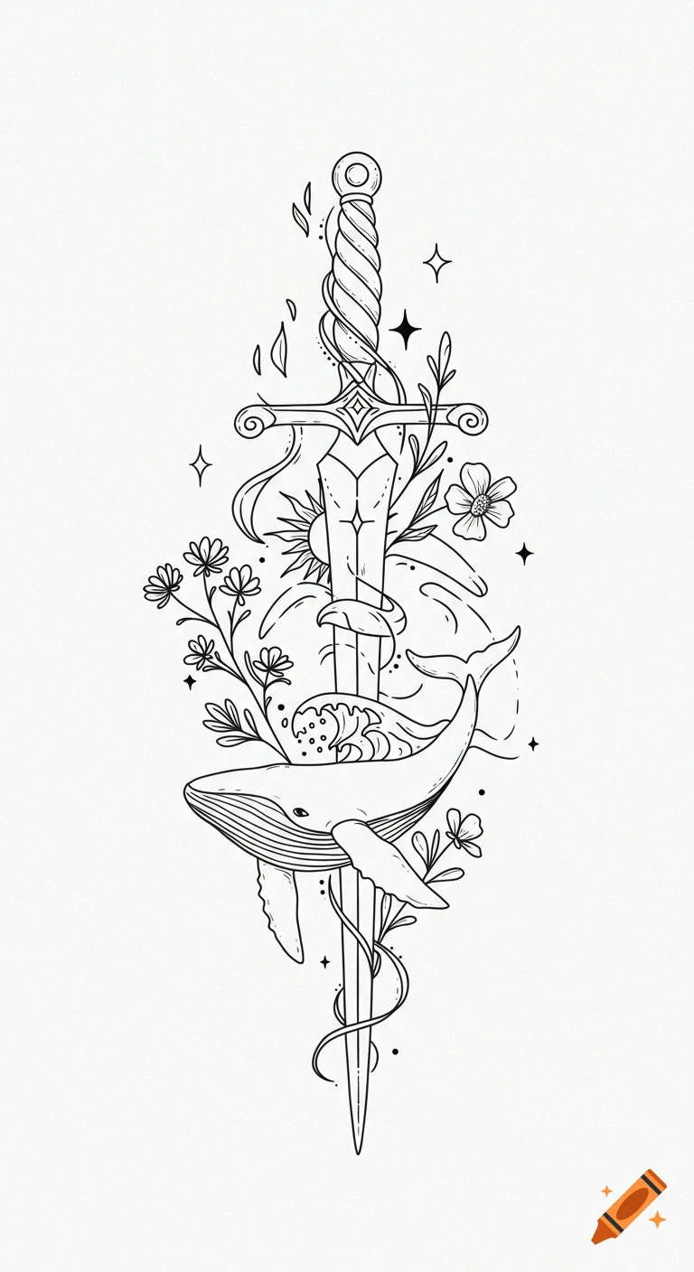 A minimalist black and white line art illustration of a sword intertwined with a whale, wildflowers, waves, stars, and sun elements.