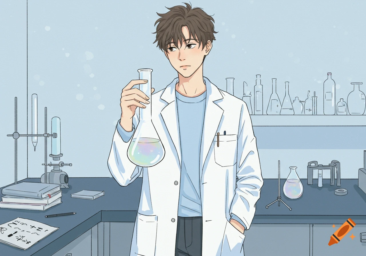 A simple colored drawing of a male scientist in a lab coat holding a flask with colorful liquid in a laboratory.