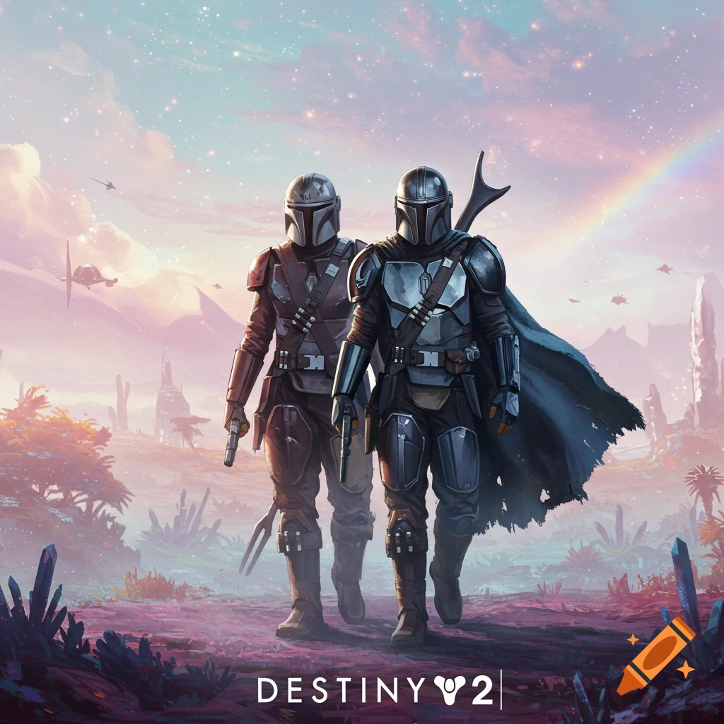 Two Mandalorians walk on a vibrant alien planet with a rainbow in the sky, spaceships, and crystalline plants. The "DESTINY 2" logo is at the bottom.