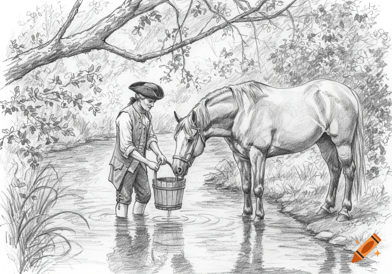 Pencil sketch of a man in 1760s attire standing in a creek, watering a horse with a wooden bucket.