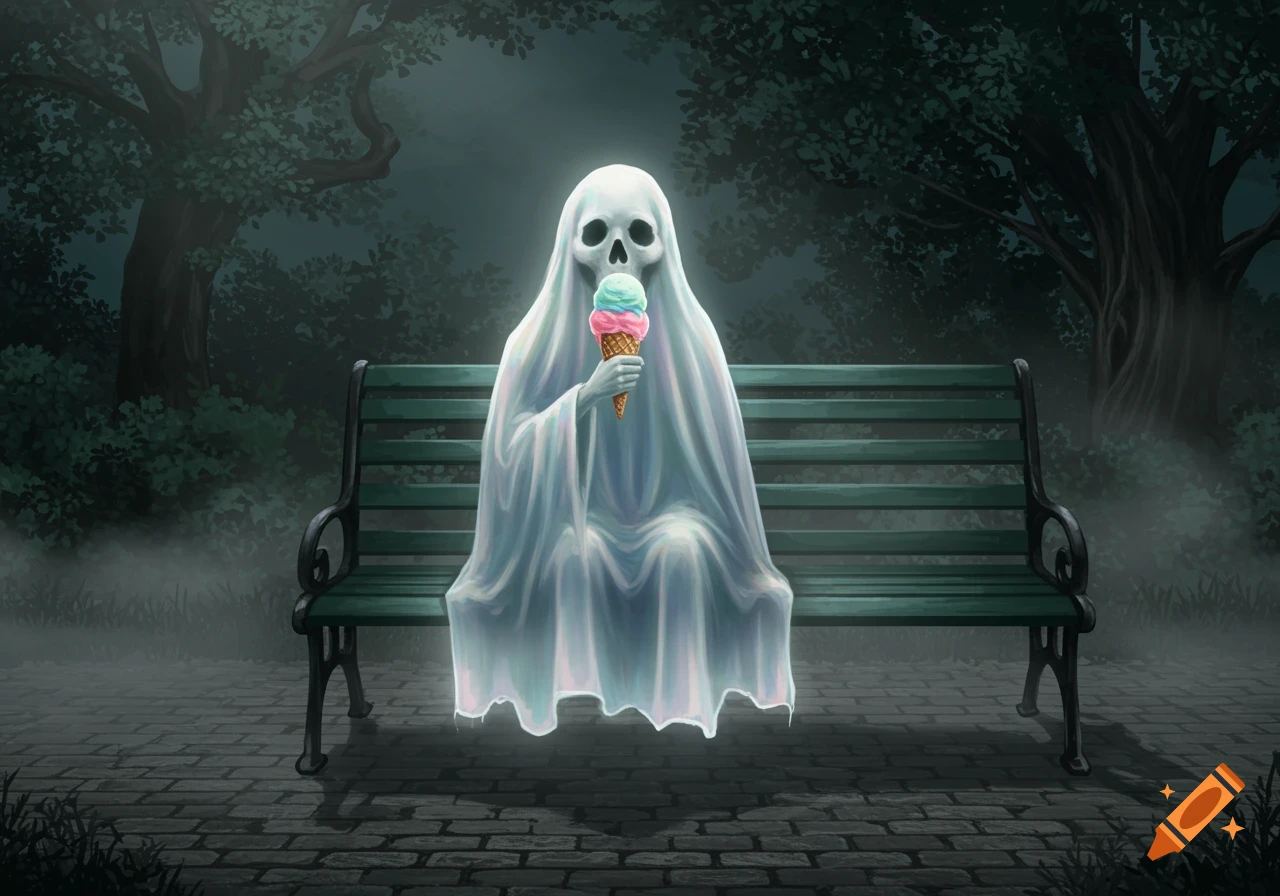A ghostly figure with a skull face, draped in white, sits on a park bench eating a colorful ice cream cone at night, amidst dark trees and mist.